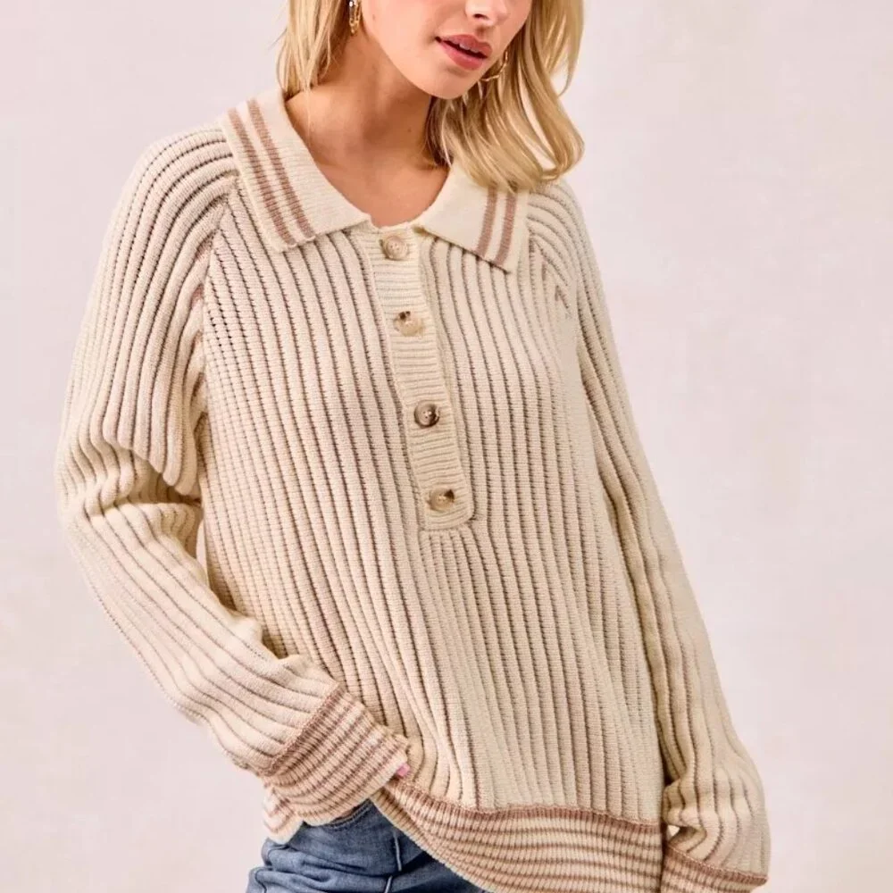 BiBi Half Button Ribbed Two Tone Sweater - Picture 4 of 16